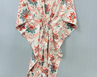 Hand Block Print Cotton Caftan, Indian Blue Floral Beachwear, Boho Dress