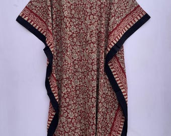 Caftán de algodón con estampado a mano, vestido largo estilo boho floral, vestido holgado de verano.