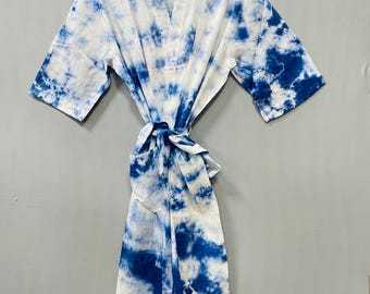 Bata kimono de algodón con estampado tie-dye – Bata de playa estilo bohemio unisex.