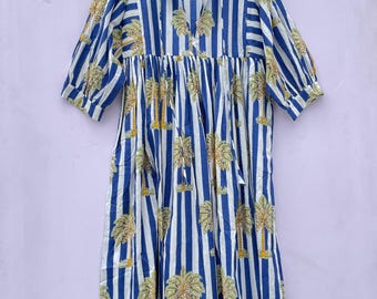 Hand Block Print Cotton Maxi Dress: V-Neck Bohemian Palm Tree Summer Style long Dresses