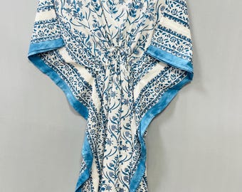 Caftan en coton respirant à imprimé blocs : robe longue indienne à fleurs, tenues de plage, coupe ample, robe de maternité, cadeau