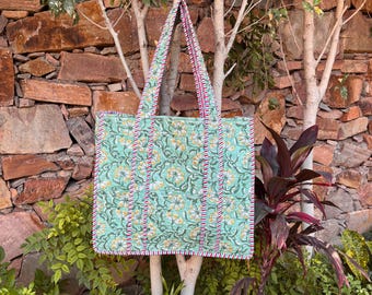 Bolso de mano acolchado de algodón, estampado bohemio, bolso de compras artesanal.