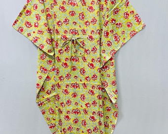 Hand Block Print Cotton Caftan, Indian Blue Floral Beachwear, Boho Dress, Maternity Gown