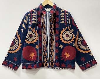 Samt Suzani bestickte Jacke, Boho Floral Kurzmantel, Frauen Street Wear