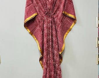 Kaftán de algodón con estampado a mano: vestido largo floral indio, ropa de playa, apto para embarazadas.