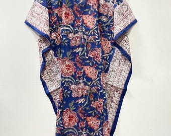 Vestido caftán de algodón con estampado a mano, pareo floral para la playa, maxi vestido estilo boho para resort.