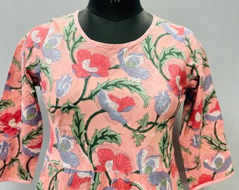 Vestido midi de algodón con estampado a mano / Estilo bohemio floral de Jaipur para verano con bolsillos