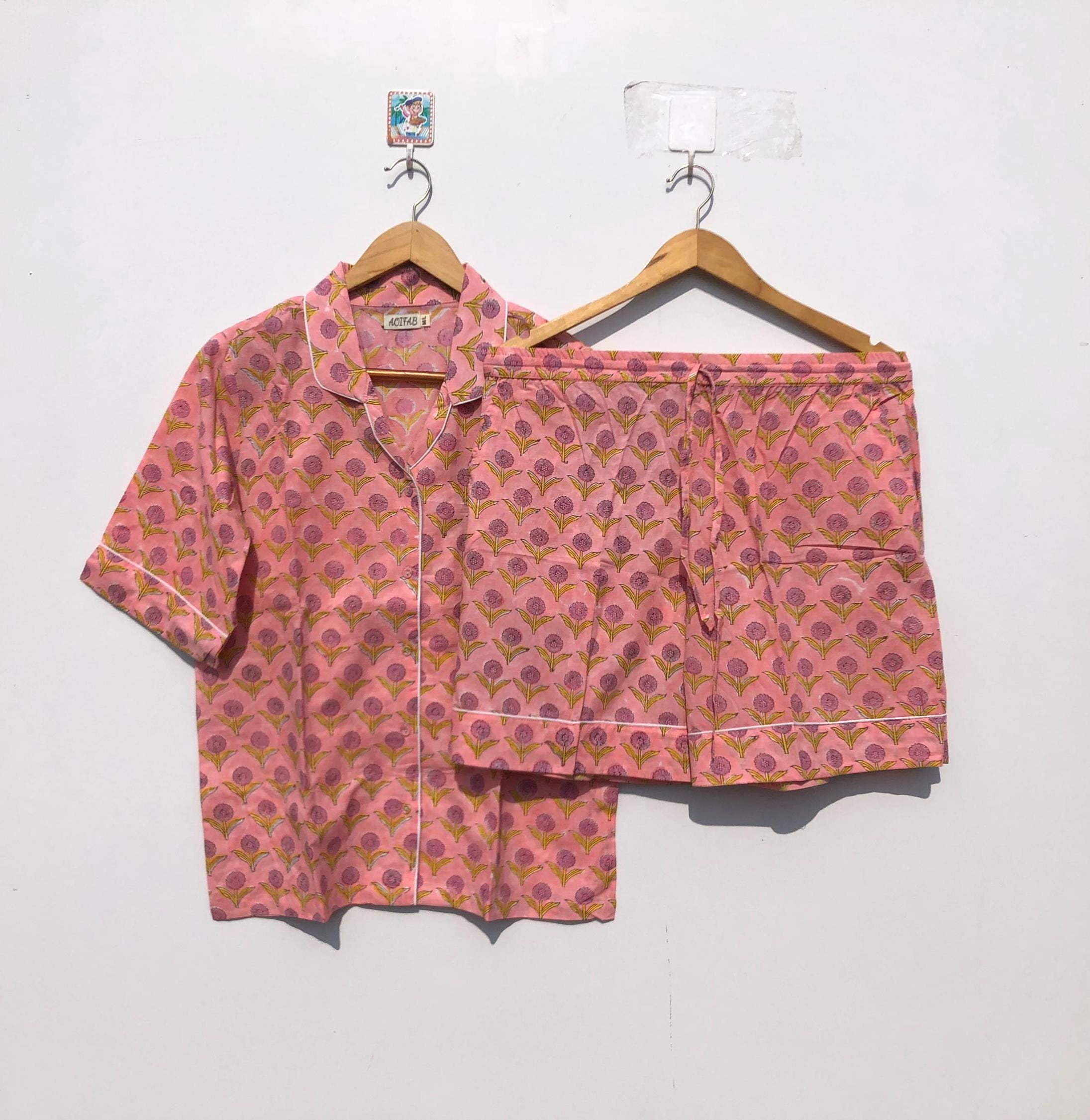 Hand Block Print Cotton Pajamas Short PJ Set, Summer Lounge wear Nightwear