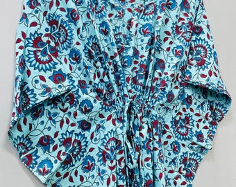 Caftan en coton imprimé blocs de main, tenues de plage à fleurs bleues indiennes, robe bohème