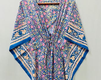 Caftán de algodón con estampado a mano, ropa de playa floral azul indio, vestido de estilo bohemio urbano, vestido de maternidad, traje de baño, caftán