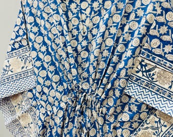 Hand Block Print Cotton Caftan, Indian Blue Floral Beachwear, Boho Dress