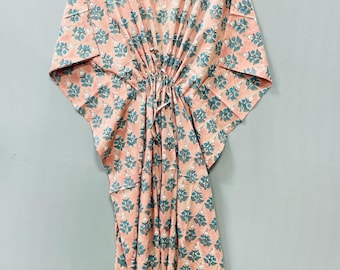 Caftan en coton imprimé blocs de main, vêtements de plage floraux indiens, robe de maternité bohème, maillots de bain caftan