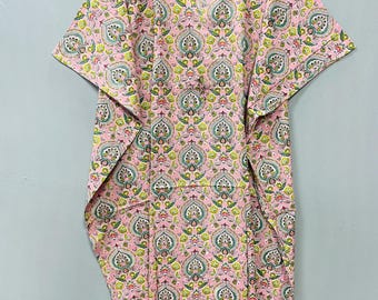 Kaftán de algodón con estampado a mano, vestido playero estilo bohemio indio, estilo resort fluido para mujer.