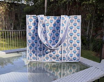 Quilted Cotton Tote Bag, Indian Block Print, Bohemian Style, Women's Hand Bag