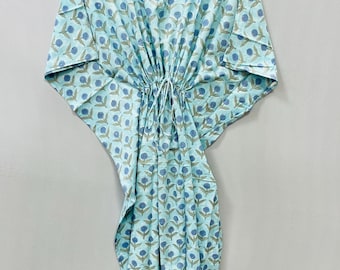 Caftan en coton imprimé blocs de main, tenues de plage à fleurs bleues indiennes, robe bohème