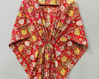 Kaftán transpirable de algodón 101% con estampado a mano: vestido largo floral indio, ropa de playa, apto para embarazadas.