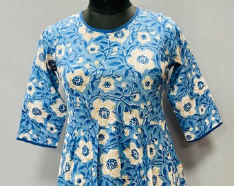 Vestido de algodón con estampado a mano, vestido floral bohemio de verano, tejido transpirable.
