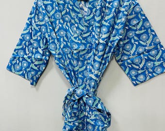 Kimono de algodón estampado a mano – Cubrebaño de playa, bata de baño, bata de maternidad
