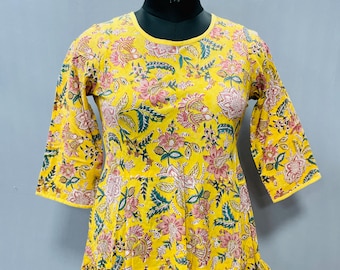 Vestido midi Kyra / Algodón estampado a mano estilo boho para verano