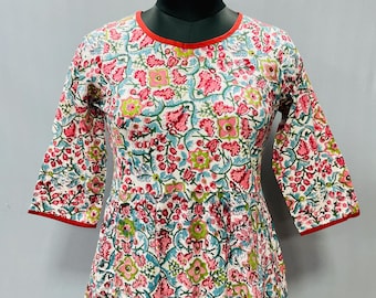 Vestido midi de algodón rosa marfil con estampado floral / Vestido bohemio escalonado con estampado a mano de Jaipur y bolsillos