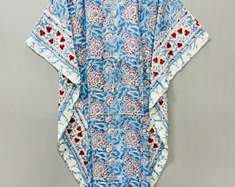 Caftán transpirable de algodón 101% con estampado a mano: vestido largo floral indio, ropa de playa, caftán holgado apto para embarazadas.