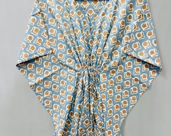 Caftán de algodón con estampado a mano, ropa de playa floral azul indio, vestido caftán estilo bohemio.