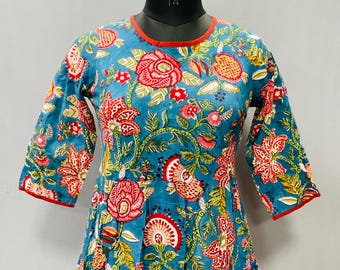 Vestido midi de algodón con estampado a mano de Jaipur / Estilo bohemio floral en tonos verde azulado con volantes y bolsillos