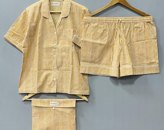 Conjunto de pijama corto de algodón a rayas: parte superior de pijama con estampado de bloques indios para mujer.