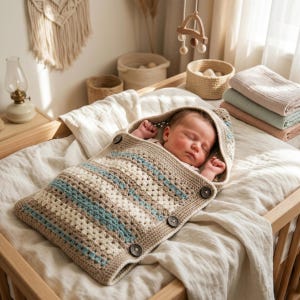 Può includere: Un bambino che dorme avvolto in un sacco nanna all'uncinetto fatto a mano. Il sacco presenta un motivo a righe beige, blu e bianco con bottoni in legno. Il bambino è in una culla di legno con un lenzuolo bianco.