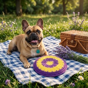 May include: A tan French Bulldog lies on a blue and white checkered blanket in a grassy area. A purple, yellow, and white crocheted frisbee sits nearby. A wicker picnic basket and a bundle of lavender are also present.