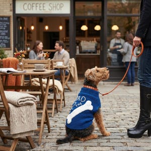 Può includere: Airedale Terrier con un maglione blu con un'immagine di osso bianco e la scritta "BAD TO THE BONE". Il cane è al guinzaglio, seduto su una strada acciottolata vicino a un bar. Il cane ha il pelo marrone e nero.