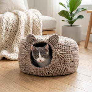 May include: A grey and white kitten looks out from a handmade, beige crochet cat bed. The bed features ear-shaped details and a circular opening. The cat bed is on a wooden floor.