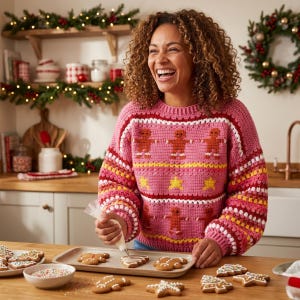 Może przedstawiać: Różowy sweter szydełkowy z piernikowymi ludzikami i żółtymi gwiazdami. Sweter ma czerwono-białe paski. Osoba dekoruje pierniczki białym lukrem na blasze do pieczenia. Motyw świąteczny.