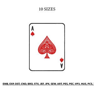 May include: A playing card, the Ace of Spades, is displayed against a white background. The card features a large, ornate red spade symbol in the center, with a smaller red spade and the letter "A" at the top and bottom. The text "10 SIZES" is above the card.