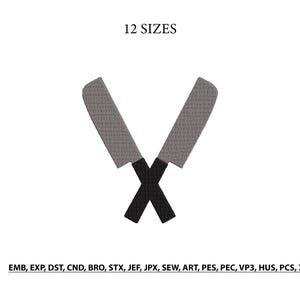 Peut inclure: Motif brodé de deux couteaux croisés, avec des lames grises et des manches noirs. Le texte "12 SIZES" est au-dessus des couteaux. En dessous, les formats de fichiers: EMB, EXP, DST, CND, BRO, STX, JEF, JPX, SEW, ART, PES, PEC, VP3, HUS, PCS, XXX.