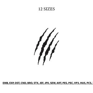 May include: A black digital embroidery design featuring four diagonal claw marks. The text 12 SIZES is centered at the top, and the text EMB, EXP, DST, CND, BRO, STX, JEF, JPX, SEW, ART, PES, PEC, VP3, HUS, PCS, XXX is centered at the bottom.