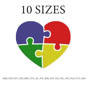 May include: A colorful heart-shaped design composed of four puzzle pieces in blue, red, green, and yellow. The text "10 SIZES" is above the heart. Below the heart are file format abbreviations.