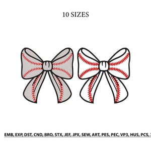 May include: Two baseball-themed bow designs. Each bow features a baseball stitch pattern in red thread on a gray and white background. The text "10 SIZES" is at the top. Below are embroidery file formats.