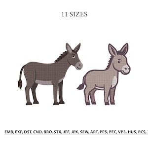 Könnte beinhalten: Ein Stickmuster mit zwei Eseln, einem dunkelbraunen und einem hellgrauen, mit dem Text 11 SIZES oben und einer Liste von Dateiformaten wie EMB, EXP, DST, CND, BRO, STX, JEF, JPX, SEW, ART, PES, PEC, VP3, HUS, PCS, XXX unten.