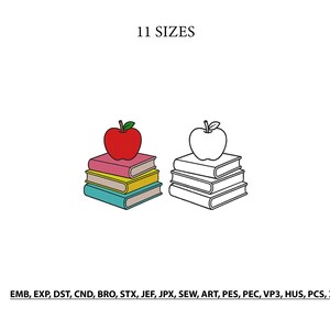 Apple Book Stack Embroidery Design- Digital File- Back To School Embroidery Design- Machine Embroidery-School Teacher Embroidery- 11 Sizes