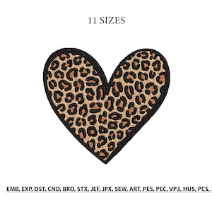 Può includere: Toppa a forma di cuore con stampa leopardata e bordo nero. Il testo "11 TAGLIE" è visualizzato in alto. La parte inferiore dell'immagine elenca vari formati di file.