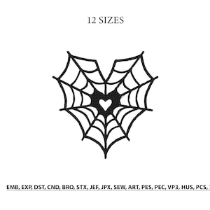 May include: A black and white graphic of a heart-shaped spiderweb. The web design has a heart in the center. The text "12 SIZES" is above the graphic. Below the graphic are file format abbreviations.