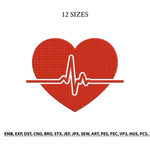 May include: A red heart shape with a white EKG heartbeat line running horizontally through the center. The text 12 SIZES appears above the heart, and the text EMB, EXP, DST, CND, BRO, STX, JEF, JPX, SEW, ART, PES, PEC, VP3, HUS, PCS, XXX appears below.