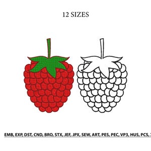 Könnte beinhalten: Ein Stickmuster mit zwei Himbeeren, eine in Rot mit grünem Stiel und Blättern, die andere im schwarzen Umrissstil. Der Text 12 SIZES erscheint oben, und die Dateiformate EMB, EXP, DST, CND, BRO, STX, JEF, JPX, SEW, ART, PES, PEC, VP3, HUS, PCS, XXX sind unten aufgeführt.