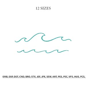 Könnte beinhalten: Ein Stickmuster mit zwei türkisfarbenen Wellenumrissen. Der Text 12 SIZES erscheint oben und der Text EMB, EXP, DST, CND, BRO, STX, JEF, JPX, SEW, ART, PES, PEC, VP3, HUS, PCS, XXX ist unten im Bild aufgedruckt.