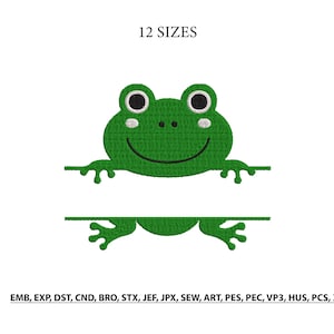 May include: An embroidered design of a green frog with a smiling face, white eyes, and a horizontal bar for text. The text "12 SIZES" is above the frog. Below the frog are embroidery file formats.