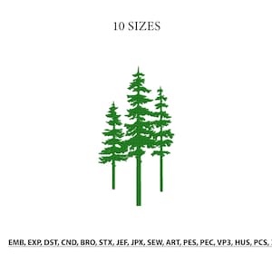 Può includere: Un disegno per ricamo raffigurante tre pini verdi di diverse altezze. Il testo 10 SIZES appare in alto e il testo EMB, EXP, DST, CND, BRO, STX, JEF, JPX, SEW, ART, PES, PEC, VP3, HUS, PCS, XXX è stampato nella parte inferiore.