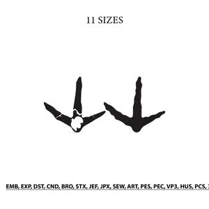 May include: A black digital embroidery design featuring two bird footprints, with the text 11 SIZES at the top and a list of file formats including EMB, EXP, DST, CND, BRO, STX, JEF, JPX, SEW, ART, PES, PEC, VP3, HUS, PCS, and XXX at the bottom.