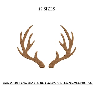 May include: A pair of brown embroidered deer antlers on a white background. The text "12 SIZES" is above the antlers. Below the antlers are file format abbreviations: EMB, EXP, DST, CND, BRO, STX, JEF, JPX, SEW, ART, PES, PEC, VP3, HUS, PCS, XXX.
