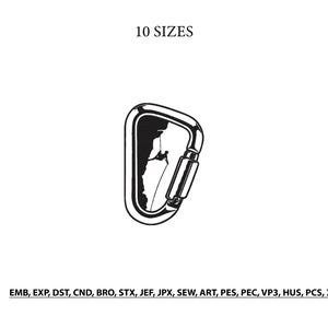 May include: A black and white line art illustration of a carabiner featuring a silhouette of a person rock climbing inside the frame. The text 10 SIZES appears at the top, and the file formats EMB, EXP, DST, CND, BRO, STX, JEF, JPX, SEW, ART, PES, PEC, VP3, HUS, PCS, XXX are listed at the bottom.